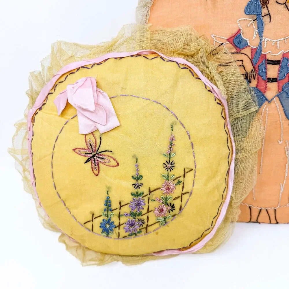 Antique 1920s Embroidered Boudoir Pillows Art Deco Lady Handmade Pair